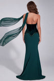 Dark Green Mermaid Beaded Strapless Corset Formal Dress with Neck Scarf