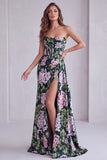 Dark Green Floral Strapless Corset Ruched A-Line Formal Dress with Slit