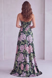 Dark Green Floral Strapless Corset Ruched A-Line Formal Dress with Slit