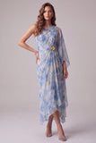 Floral Dusty BLue Asymmetrical Sheath Ruched Formal Dress with 3D Flower