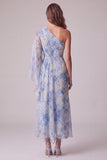Floral Dusty BLue Asymmetrical Sheath Ruched Formal Dress with 3D Flower