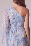 Floral Dusty BLue Asymmetrical Sheath Ruched Formal Dress with 3D Flower
