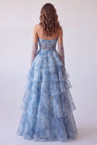 Dusty Blue A-Line Corset Tiered Ruffle Strapless Long Prom Dress