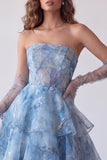 Dusty Blue A-Line Corset Tiered Ruffle Strapless Long Prom Dress