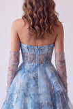 Dusty Blue A-Line Corset Tiered Ruffle Strapless Long Prom Dress
