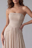 Champagne Strapless A-Line Ruched Long Formal Dress