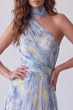 Blue One Shoulder Cut Out Floral Long Formal Dress with Neck Scarf