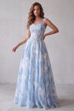 Light Blue A-Line Square Neck Floral Corset Pearl Long Formal Dress