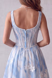 Light Blue A-Line Square Neck Floral Corset Pearl Long Formal Dress