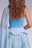 Sky Blue A-Line Corset Strapless Long Prom Dress with Side Cape