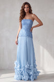 Blue A Line Strapless 3D Floral Hem Pleated Formal Dress with Rhinestones