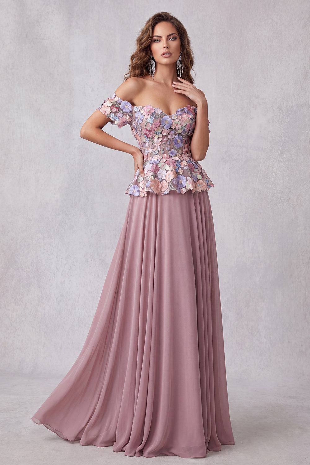 Vintage Mauve 3D Floral Appliques A-Line Off The Shoulder Formal Dress