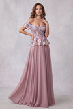 Vintage Mauve 3D Floral Appliques A-Line Off The Shoulder Formal Dress