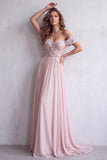 Light Pink A-Line Corset Off The Shoulder Long Formal Dress with 3D Floral Appliques