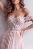Light Pink A-Line Corset Off The Shoulder Long Formal Dress with 3D Floral Appliques
