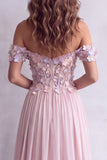 Light Pink A-Line Corset Off The Shoulder Long Formal Dress with 3D Floral Appliques