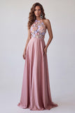 Pink A-Line High Neck 3D Floral Appliques Open Back Long Formal Dress