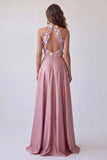 Pink A-Line High Neck 3D Floral Appliques Open Back Long Formal Dress
