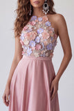 Pink A-Line High Neck 3D Floral Appliques Open Back Long Formal Dress