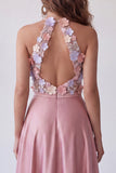 Pink A-Line High Neck 3D Floral Appliques Open Back Long Formal Dress