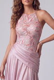 Pink A-Line Floral Embroidery Long Formal Dress