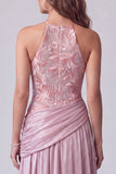 Pink A-Line Floral Embroidery Long Formal Dress