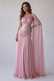 Pink Beaded Ruched One Shoulder Formal Dress with Side Cape
