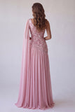 Pink Beaded Ruched One Shoulder Formal Dress with Side Cape