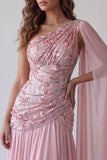 Pink Beaded Ruched One Shoulder Formal Dress with Side Cape