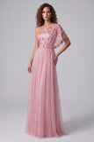 Pink Embroidery One Shoulder A-Line Long Formal Dress