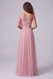 Pink Embroidery One Shoulder A-Line Long Formal Dress