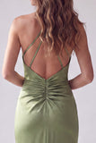 Green Ruched Mermaid Halter Crossed Straps Long Formal Dress