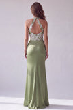 Green Merimaid Floral Appliques Ruched Halter Formal Dress