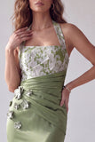 Green Merimaid Floral Appliques Ruched Halter Formal Dress