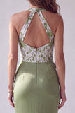 Green Merimaid Floral Appliques Ruched Halter Formal Dress