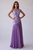 Purple Floral Embroidery A-Line One Shoulder Long Formal Dress