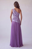 Purple Floral Embroidery A-Line One Shoulder Long Formal Dress