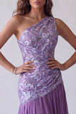 Purple Floral Embroidery A-Line One Shoulder Long Formal Dress