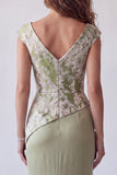 Light Green 3D Floral Mermaid Ruched Cap Sleeves Formal Dress