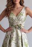 Light Green Floral Ruched Jacquard A-Line Formal Dress with 3D Flower