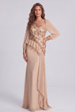 Champagne Sequin Floral Asymmetrical Formal Dress with Side Streamer