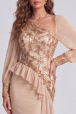 Champagne Sequin Floral Asymmetrical Formal Dress with Side Streamer