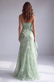 Green Strapless Ruched Floral Mermaid Formal Dress with Ruffles