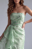 Green Strapless Ruched Floral Mermaid Formal Dress with Ruffles