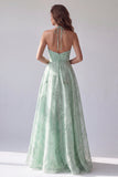 Green Halter Floral A-Line Organza Long Formal Dress
