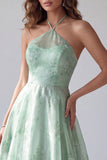 Green Halter Floral A-Line Organza Long Formal Dress
