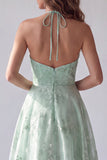 Green Halter Floral A-Line Organza Long Formal Dress