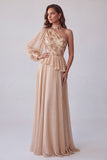 Champagne Asymmtrical Halter Floral Embroidery A-Line Formal Dress