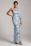 Sky Blue Mermaid One Shoulder Sequins Floral Long Mother of the Bride Dress