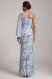 Sky Blue Mermaid One Shoulder Sequins Floral Long Mother of the Bride Dress